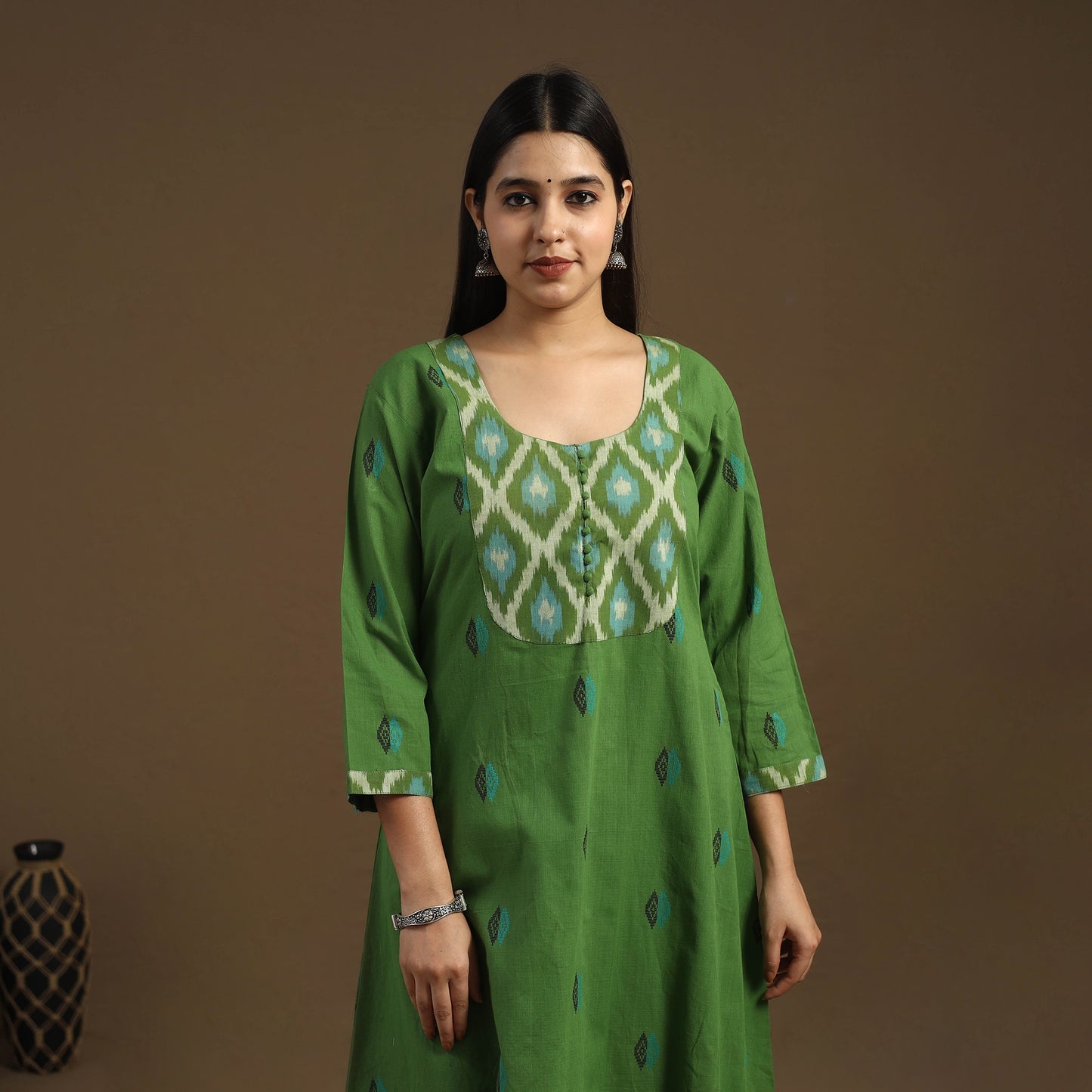 Green - Patchwork A-Line Cotton Jacquard Kurta 06