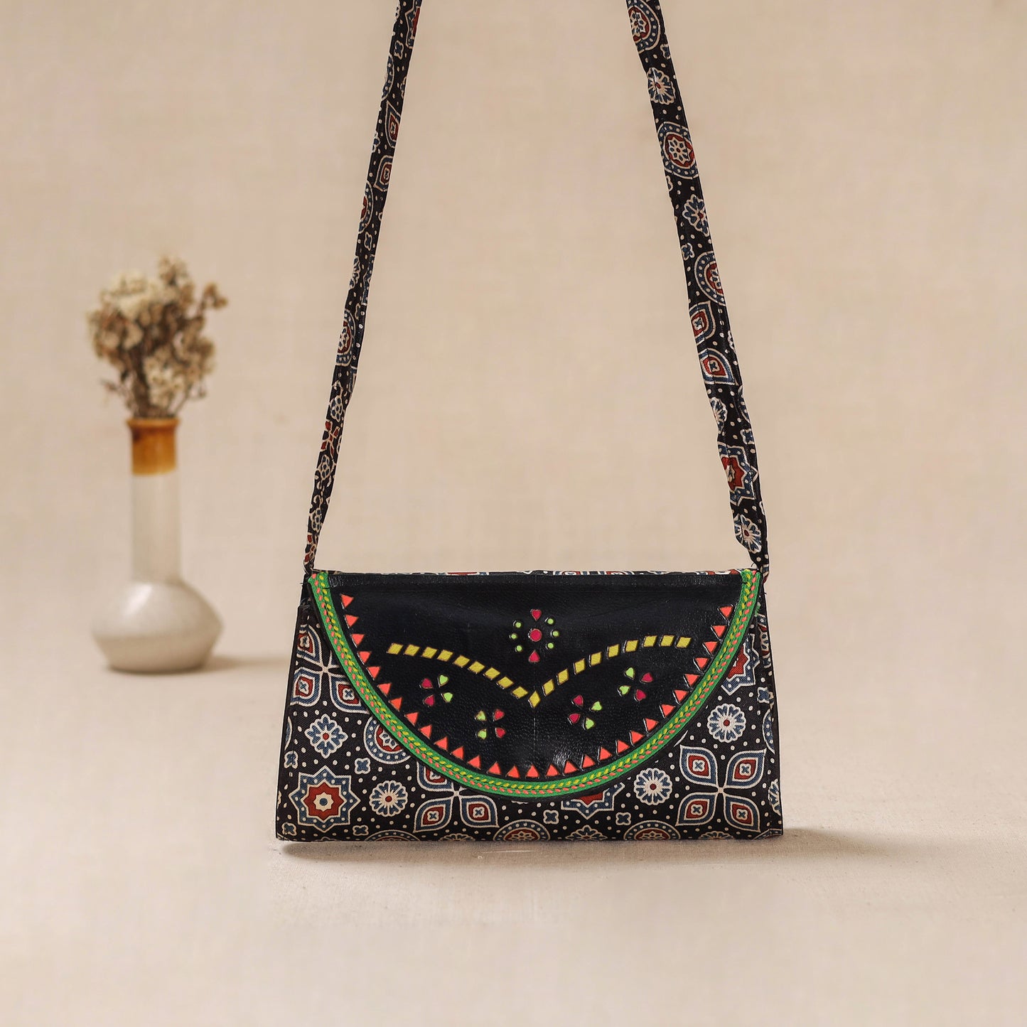 Black - Traditional Kutch Mashru Silk Leather Flap Sling Bag 29