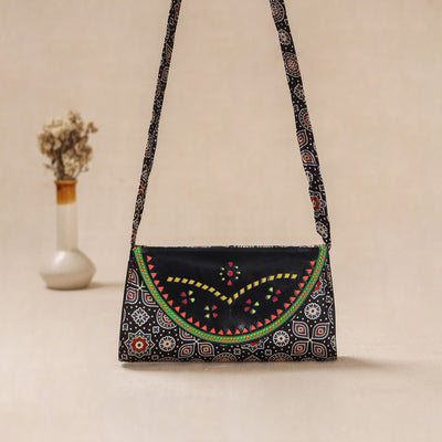 Black - Traditional Kutch Mashru Silk Leather Flap Sling Bag 29