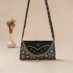 Black - Traditional Kutch Mashru Silk Leather Flap Sling Bag 29
