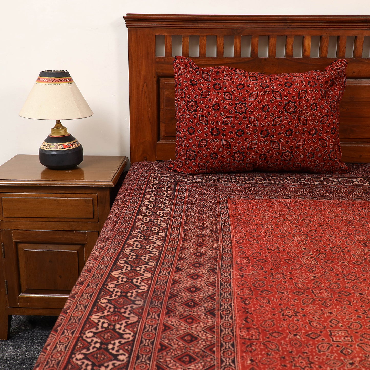 Red - Block Print Cotton Double Ajrakh Bed Sheet Set 05