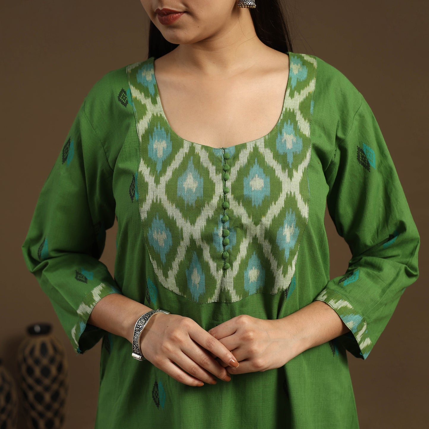 Green - Patchwork A-Line Cotton Jacquard Kurta 06