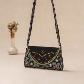 Black - Traditional Kutch Mashru Silk Leather Flap Sling Bag 29