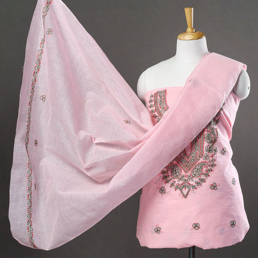 Pink - 3pc Lucknow Chikankari Hand Embroidery Cotton Suit Material Set 11