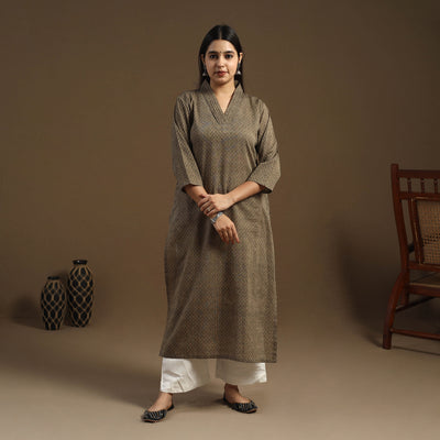 Brown Straight Cotton Jacquard Kurta for Women