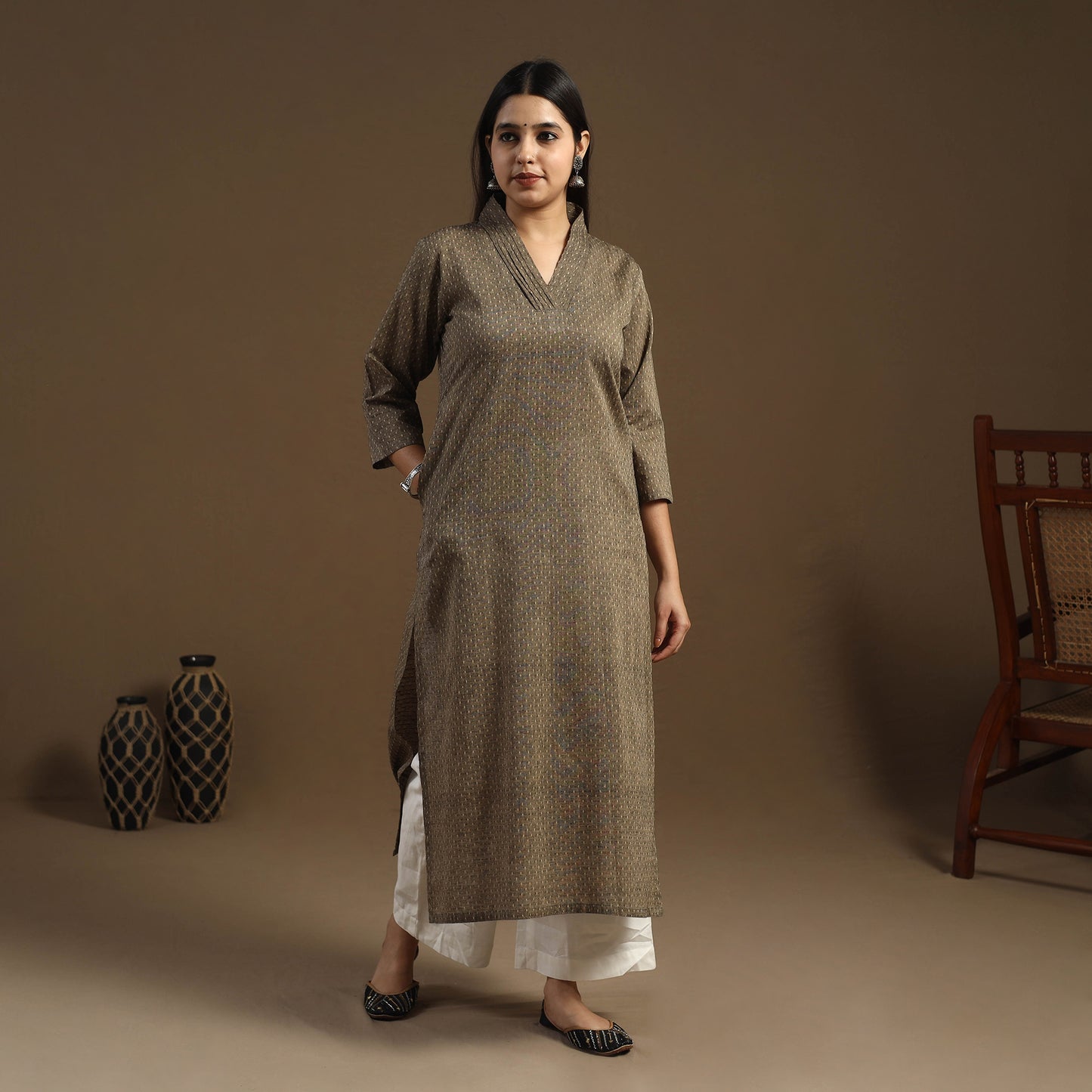 Brown Straight Cotton Jacquard Kurta for Women
