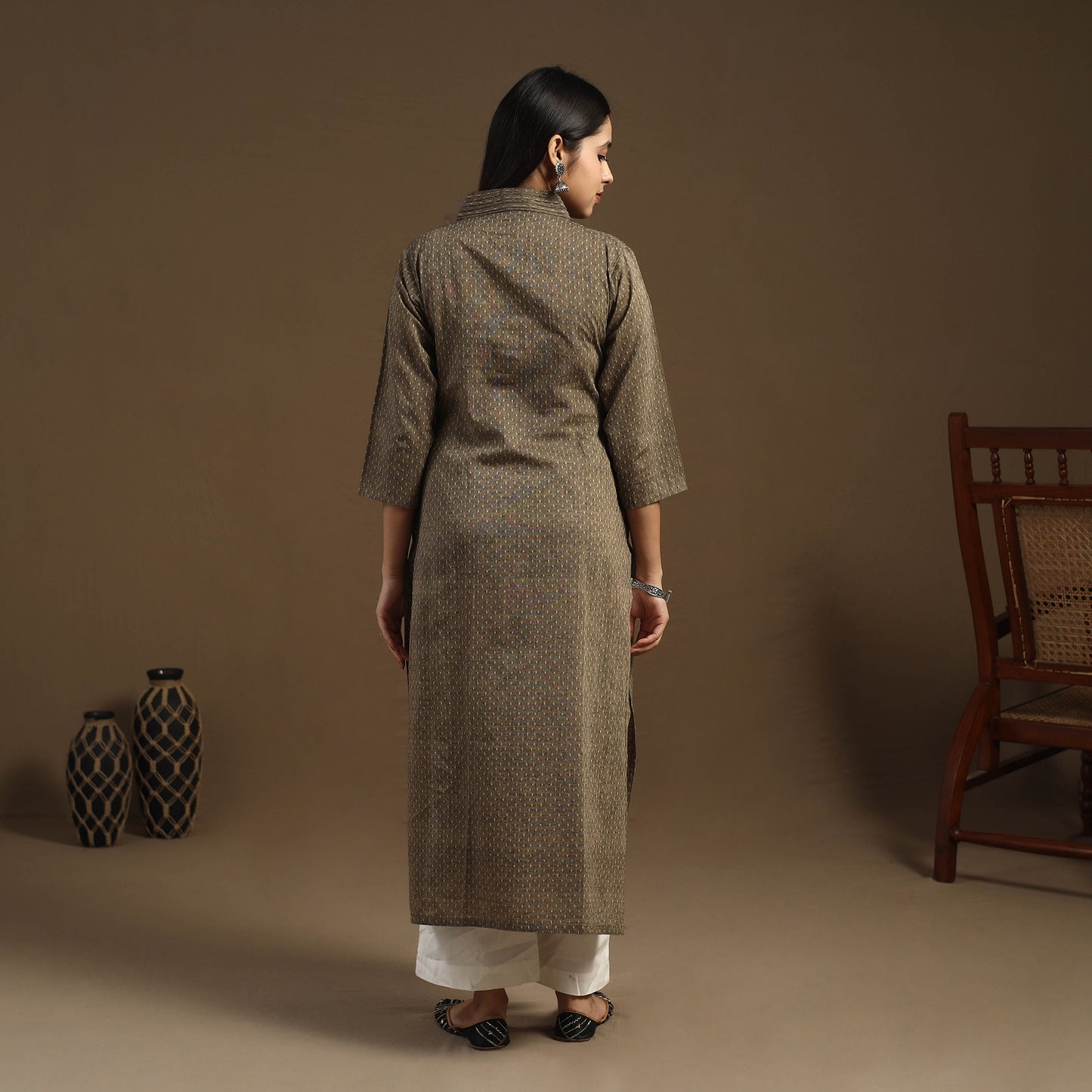 Brown Straight Cotton Jacquard Kurta for Women