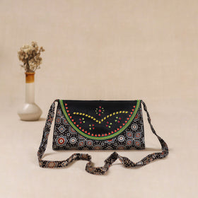 Black - Traditional Kutch Mashru Silk Leather Flap Sling Bag 29
