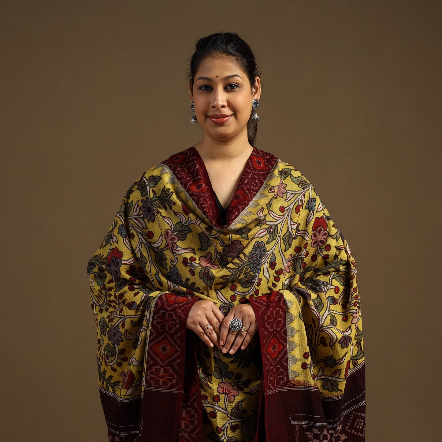 Pen Work Cotton Ikat Border Handpainted Kalamkari Dupatta