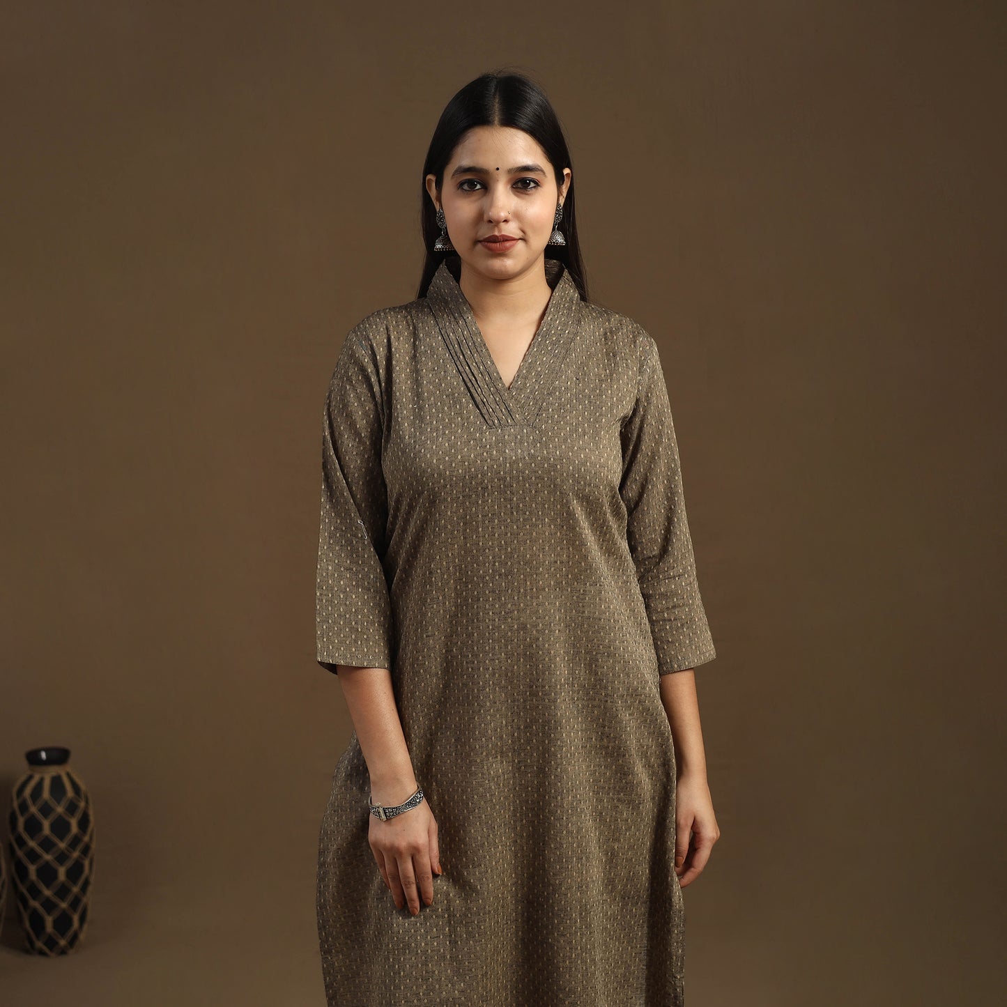 Brown Straight Cotton Jacquard Kurta for Women