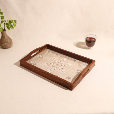 Lucknowi Chikankari Zari Hand Embroidered Sheesham Wood Tray 01