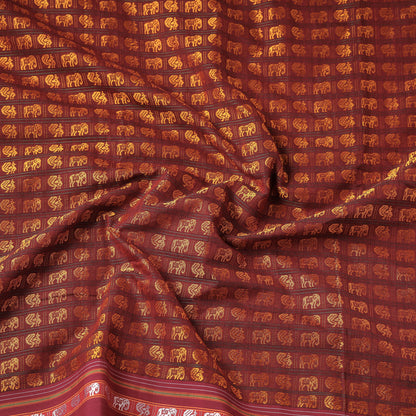 Orange - Karnataka Khun Elephant & Peacock Motif Cotton Handloom Fabric