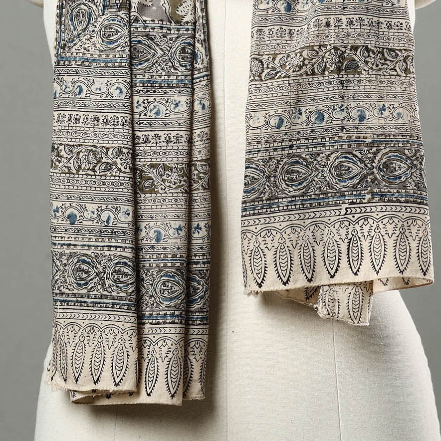 Grey - Natural Dyed Block Print Mul Cotton Kalamkari Stole 49