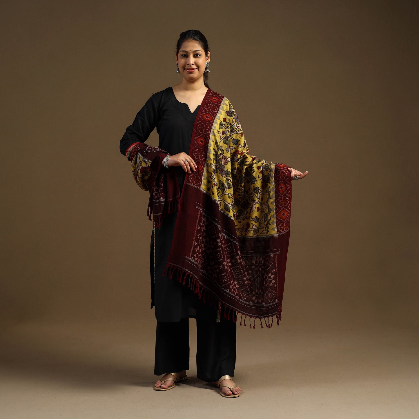 Pen Work Cotton Ikat Border Handpainted Kalamkari Dupatta