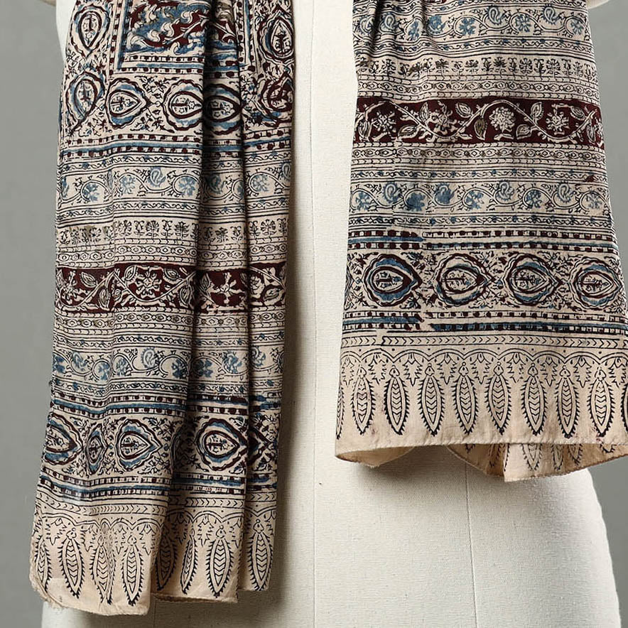 Grey - Natural Dyed Block Print Mul Cotton Kalamkari Stole 50