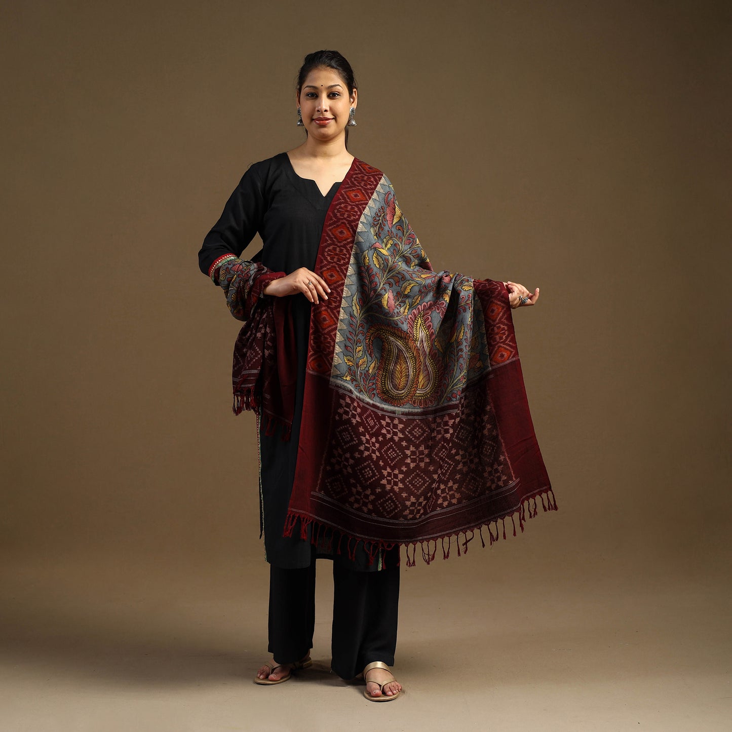 Grey Pen Work Cotton Ikat Border Handpainted Kalamkari Dupatta
