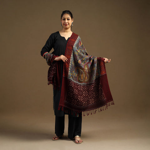 Grey Pen Work Cotton Ikat Border Handpainted Kalamkari Dupatta