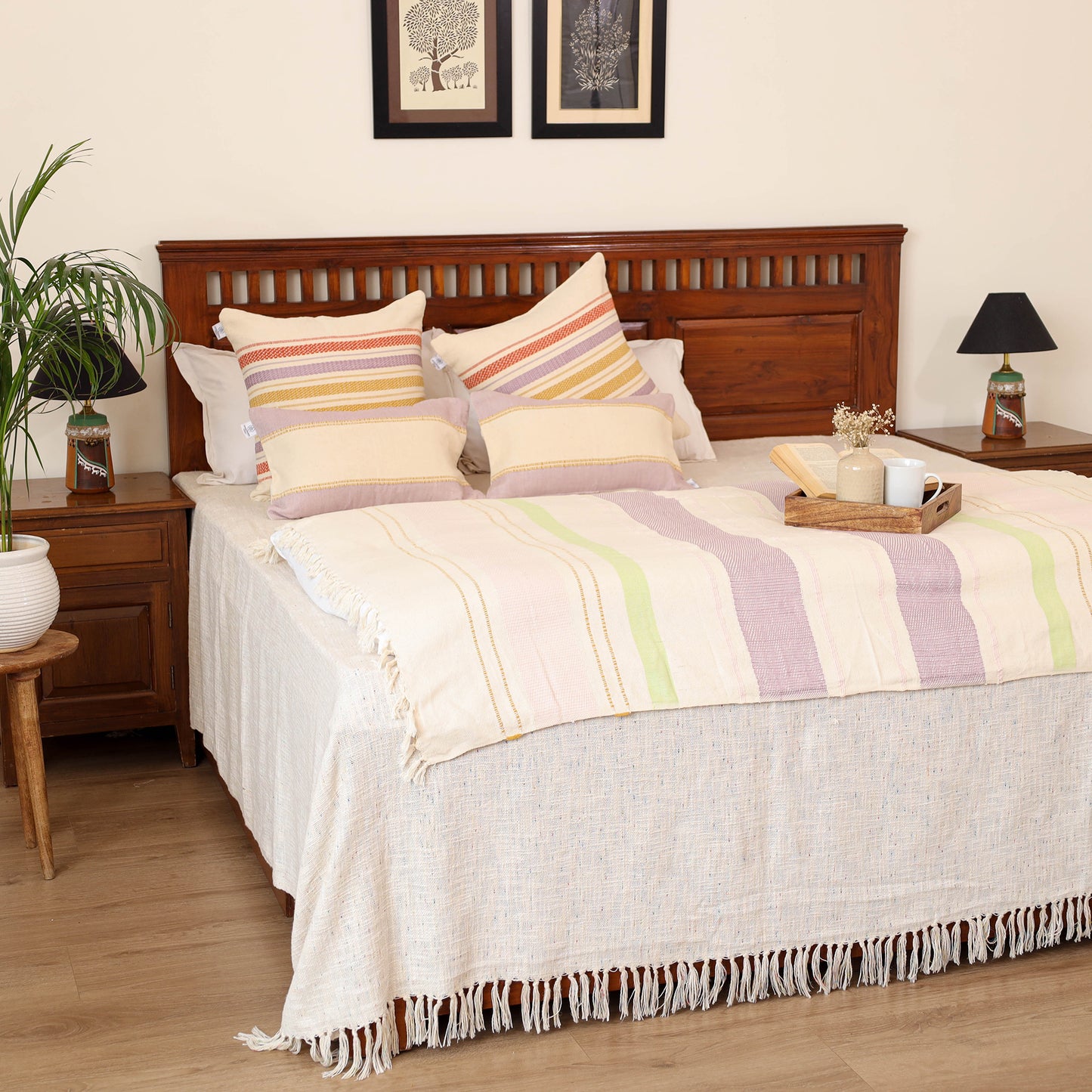 Pure Cotton Handwoven Bed/Sofa Throw with Cushion Cover Set 04