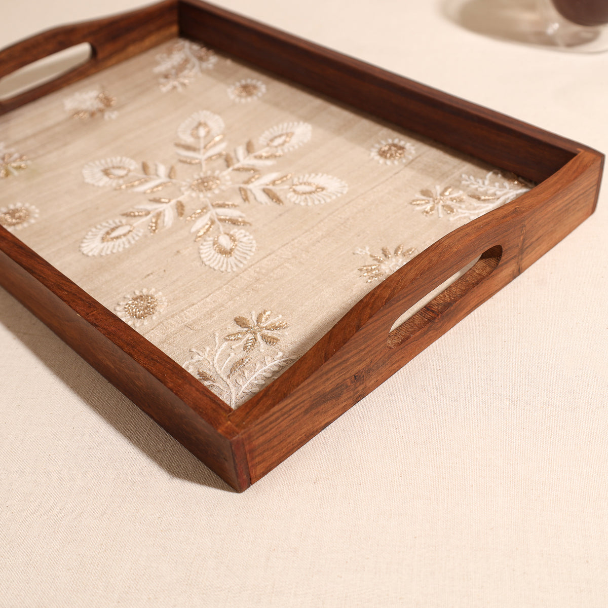 Lucknowi Chikankari Zari Hand Embroidered Sheesham Wood Tray 01