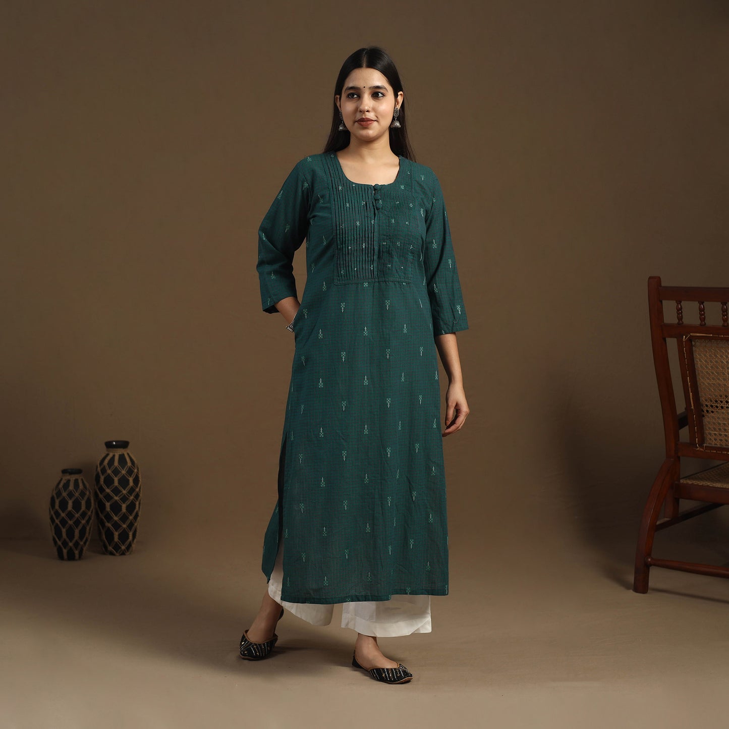 Buy Pintuck Straight Cotton Jacquard Kurta for Women