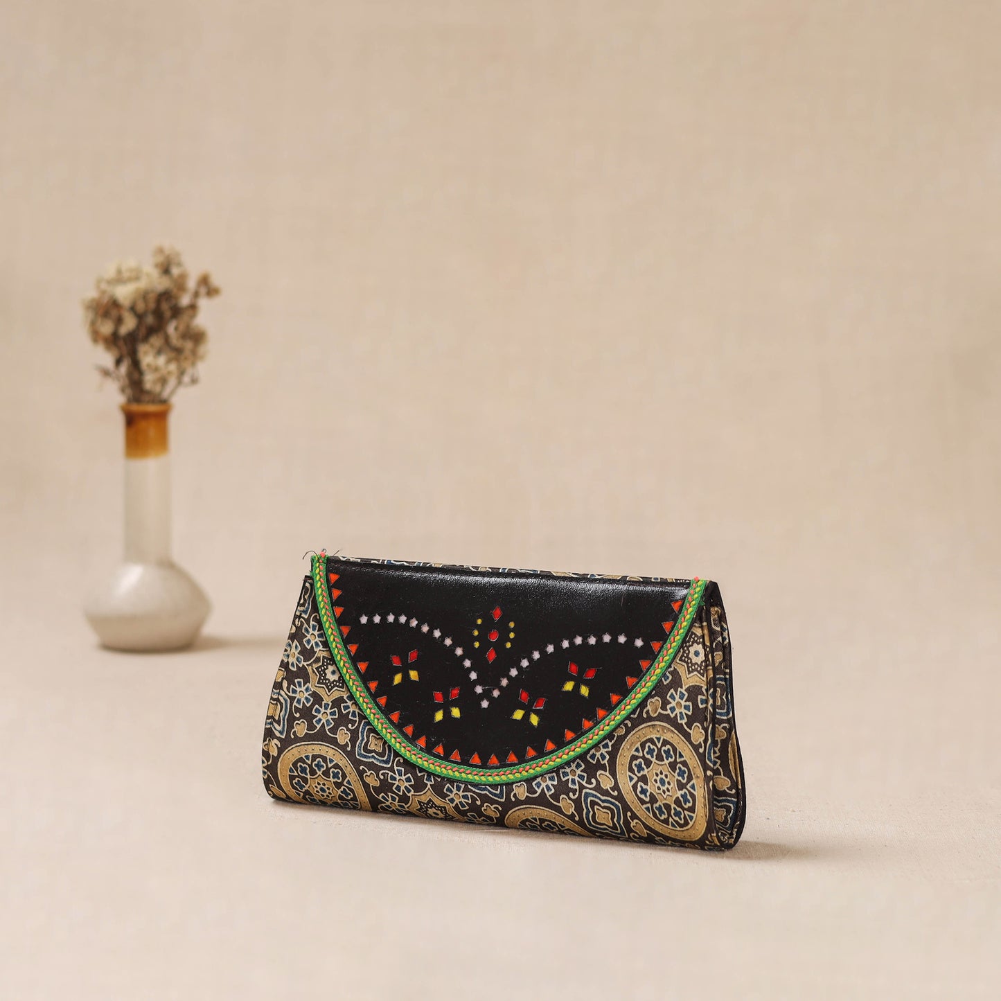 Traditional Kutch Mashru Silk Leather Flap Clutch / Wallet 32