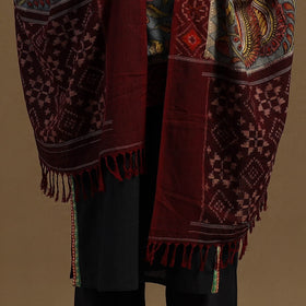 Grey Pen Work Cotton Ikat Border Handpainted Kalamkari Dupatta