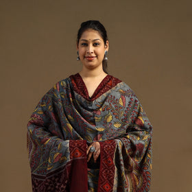 Grey Pen Work Cotton Ikat Border Handpainted Kalamkari Dupatta