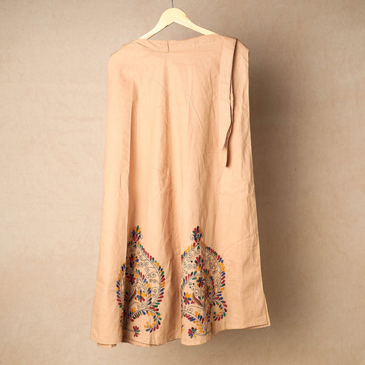 Brown - Bengal Kantha Embroidery Cotton Wrap Around Skirt