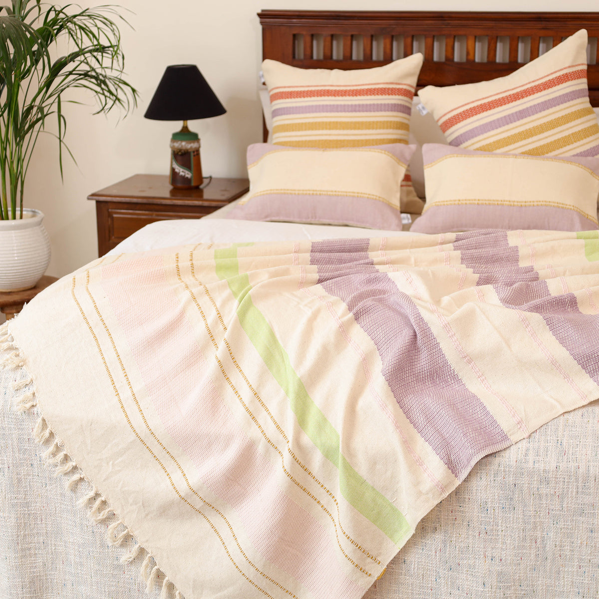Pure Cotton Handwoven Bed/Sofa Throw with Cushion Cover Set 04