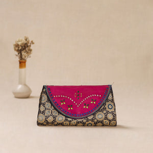 Brown - Traditional Kutch Mashru Silk Leather Flap Clutch / Wallet 34