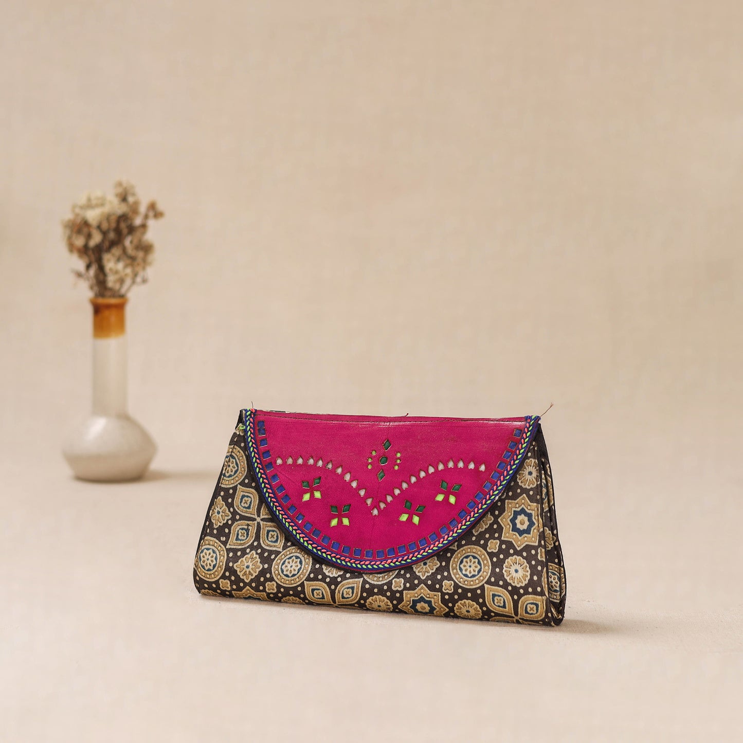 Brown - Traditional Kutch Mashru Silk Leather Flap Clutch / Wallet 34