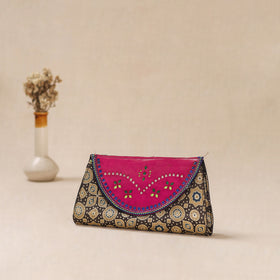 Brown - Traditional Kutch Mashru Silk Leather Flap Clutch / Wallet 34