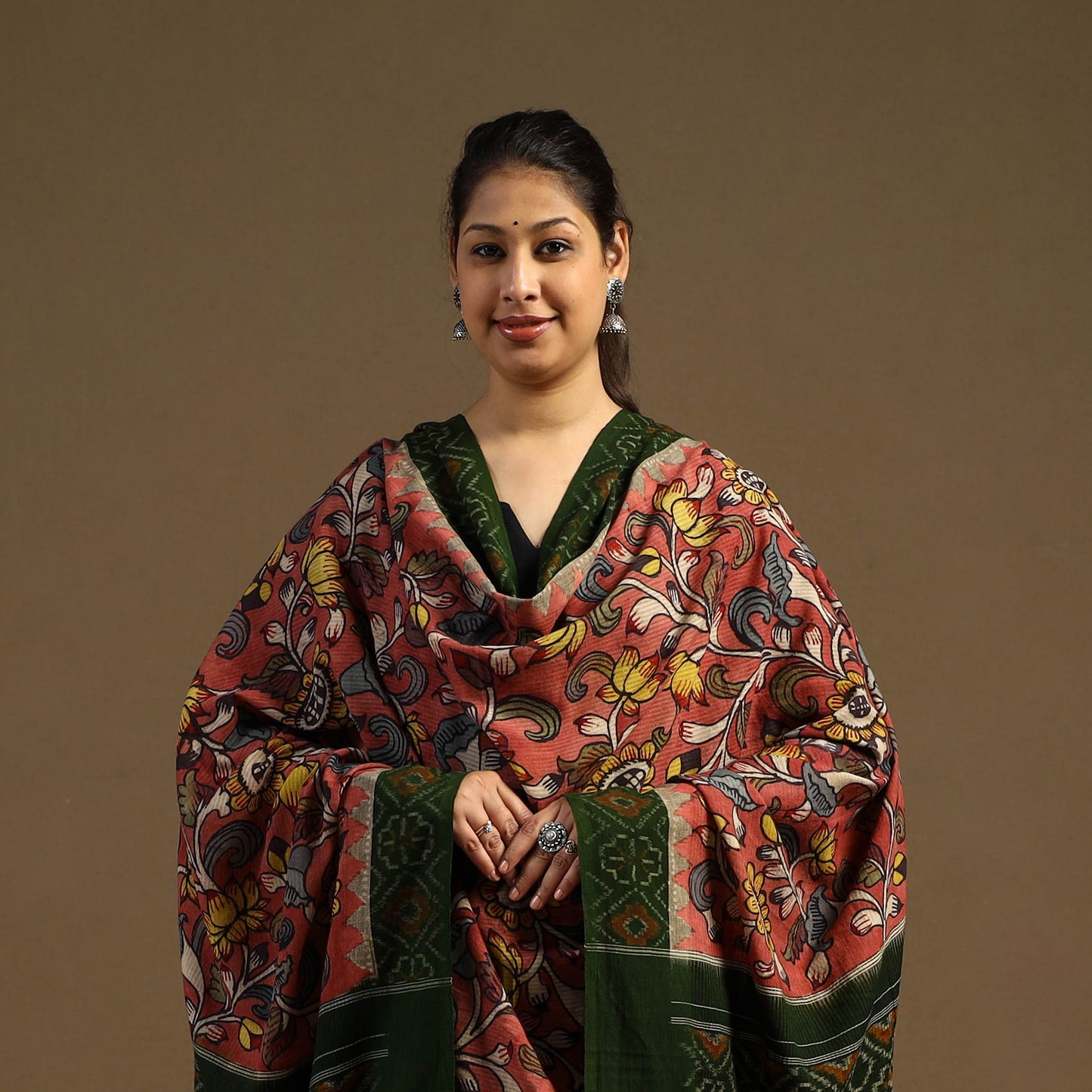 Pink Pen Work Cotton Ikat Border Handpainted Kalamkari Dupatta