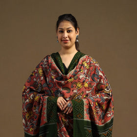 Pink Pen Work Cotton Ikat Border Handpainted Kalamkari Dupatta