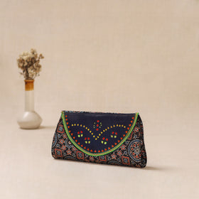 Black - Traditional Kutch Mashru Silk Leather Flap Clutch / Wallet 35