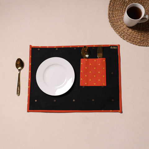 Black Jacquard Cotton Table Mat With Pocket