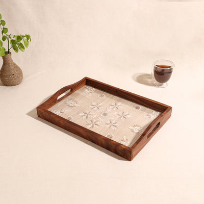 Lucknowi Chikankari Zari Hand Embroidered Sheesham Wood Tray 04