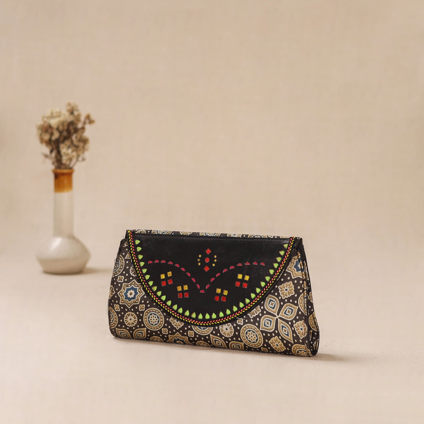 Traditional Kutch Mashru Silk Leather Flap Clutch / Wallet 36