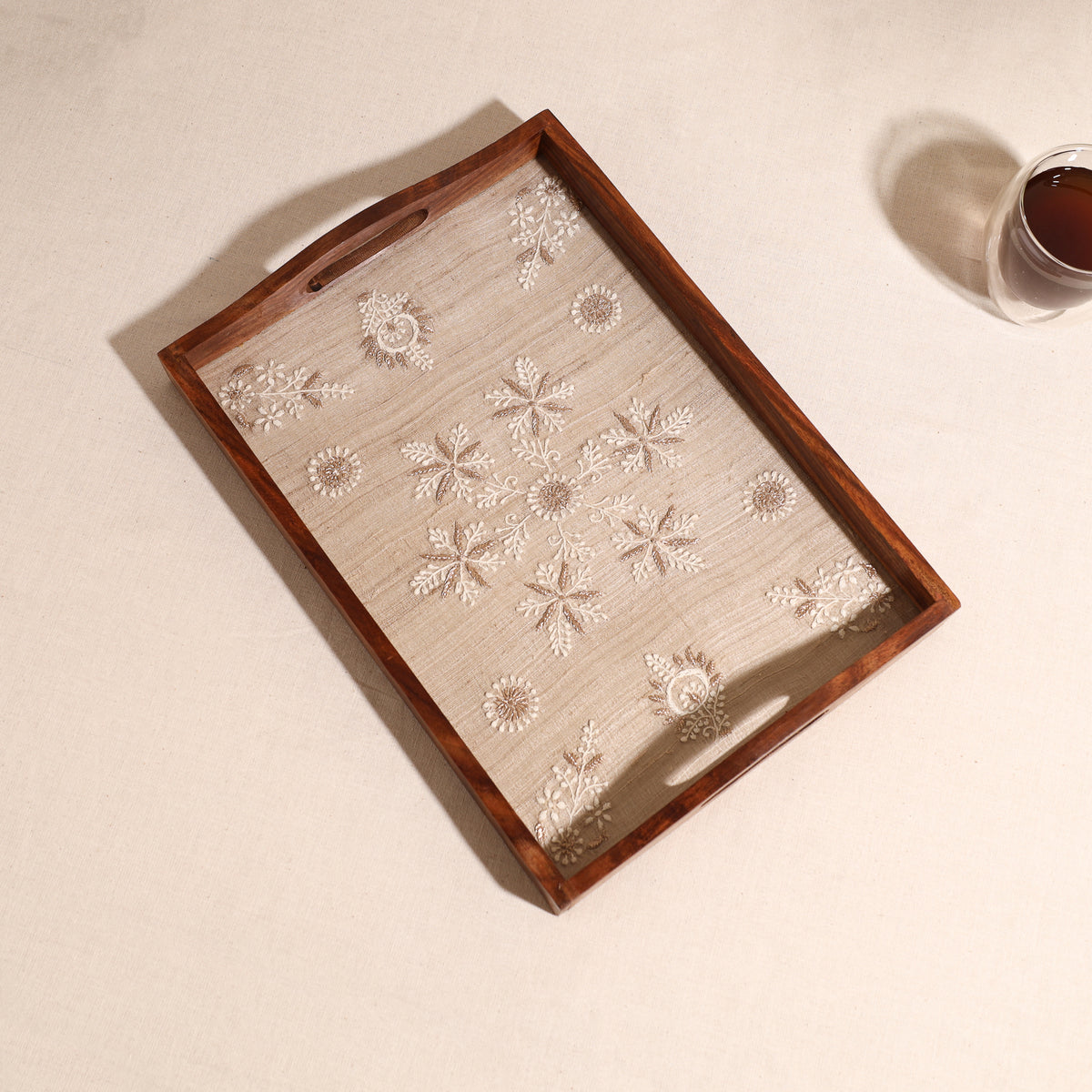 Lucknowi Chikankari Zari Hand Embroidered Sheesham Wood Tray 04