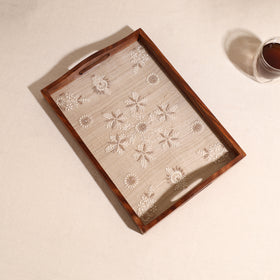 Lucknowi Chikankari Zari Hand Embroidered Sheesham Wood Tray 04