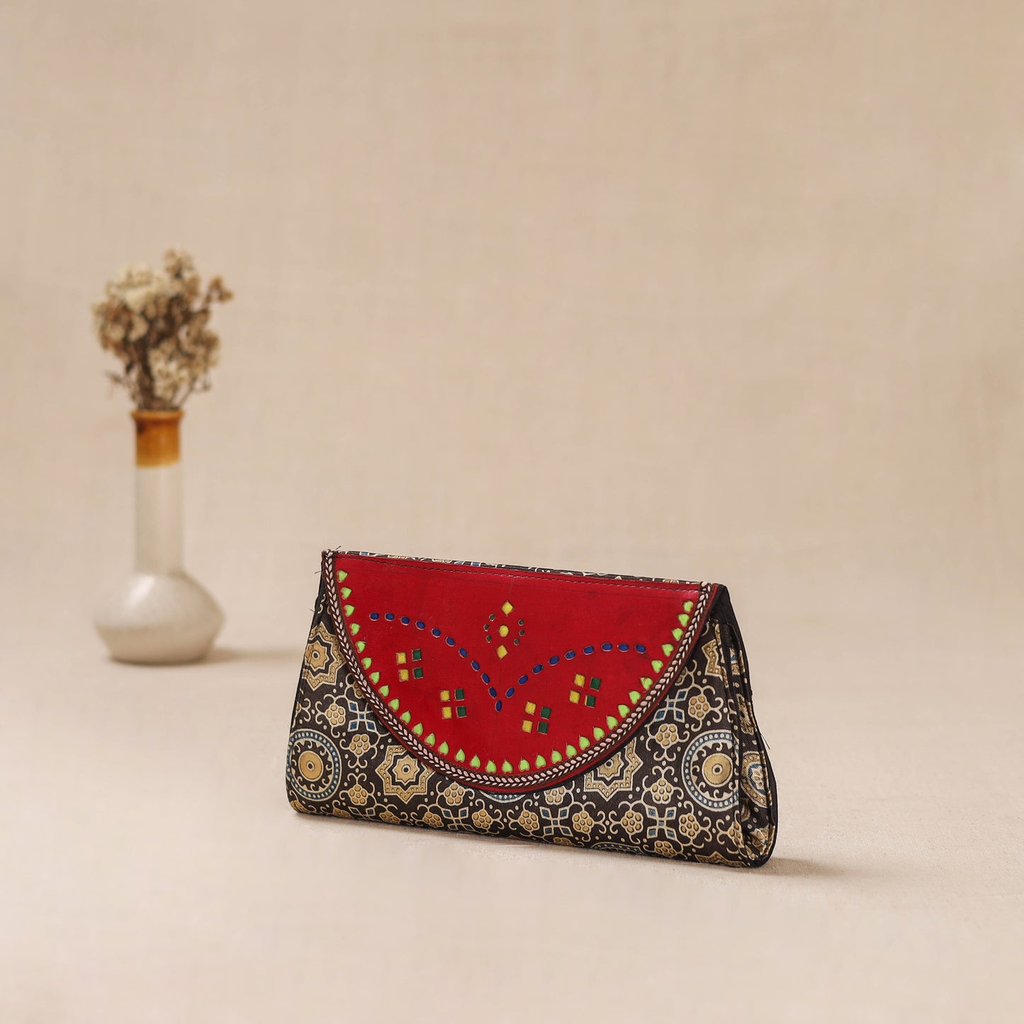 Traditional Kutch Mashru Silk Leather Flap Clutch / Wallet 37