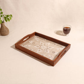 Lucknowi Chikankari Zari Hand Embroidered Sheesham Wood Tray 05