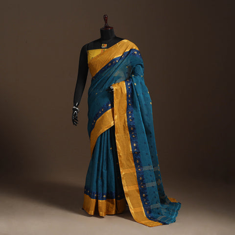 Blue - bengali tant saree with matching jewellery & blouse