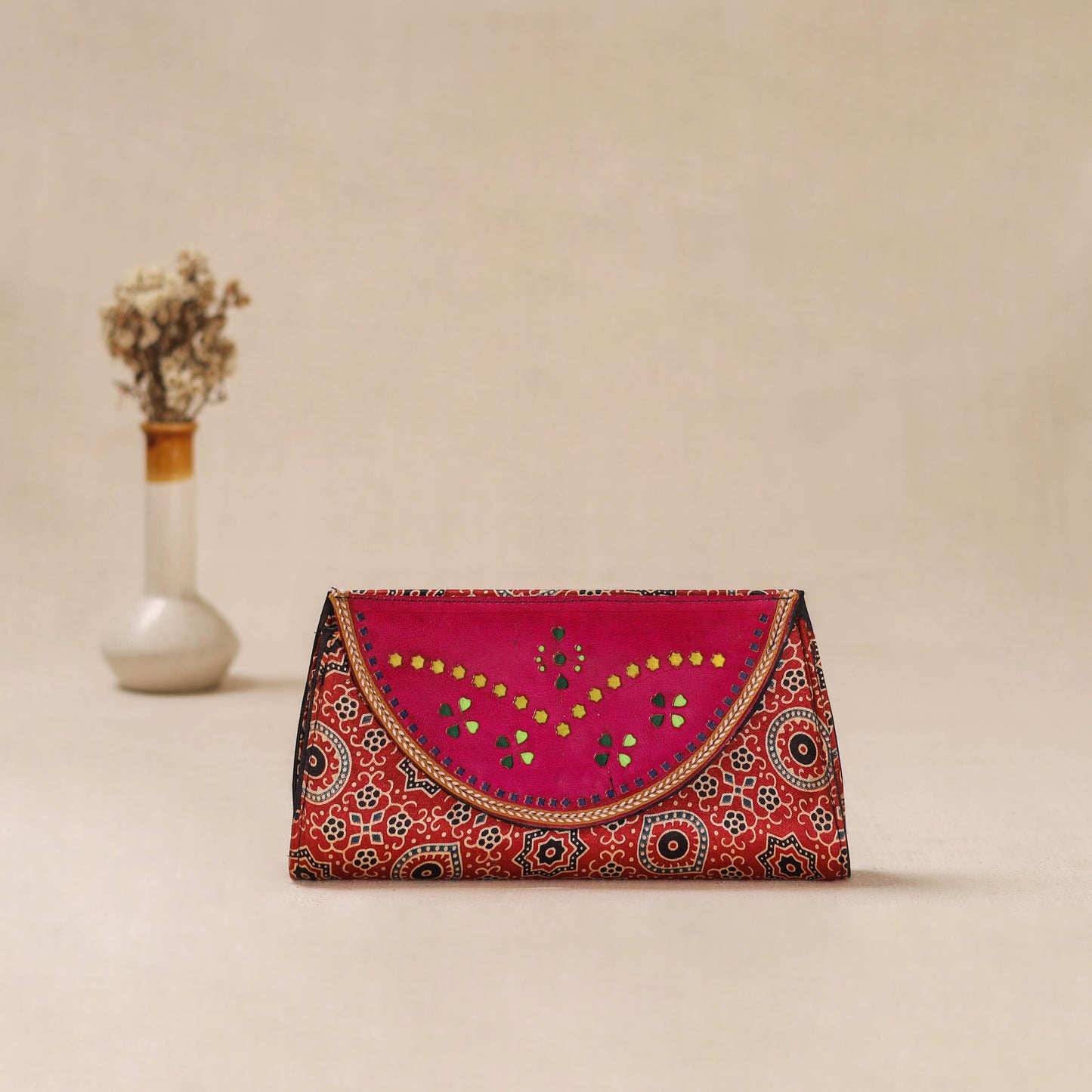 Red - Traditional Kutch Mashru Silk Leather Flap Clutch / Wallet 38