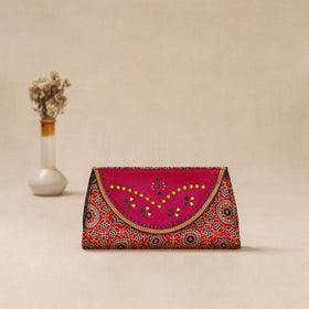 Red - Traditional Kutch Mashru Silk Leather Flap Clutch / Wallet 38