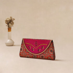 Red - Traditional Kutch Mashru Silk Leather Flap Clutch / Wallet 38