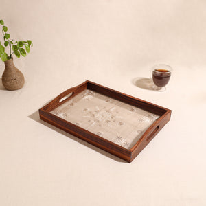 Lucknowi Chikankari Zari Hand Embroidered Sheesham Wood Tray 06