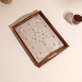 Lucknowi Chikankari Zari Hand Embroidered Sheesham Wood Tray 06