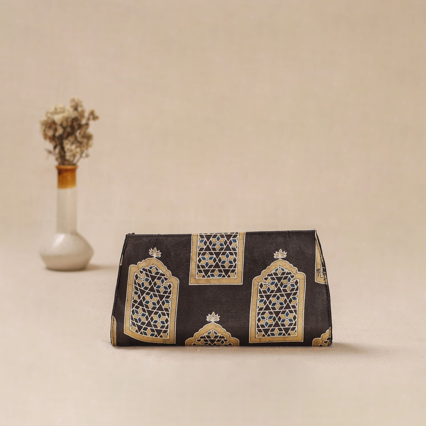 Black - Traditional Kutch Mashru Silk Leather Flap Clutch / Wallet 39