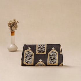 Black - Traditional Kutch Mashru Silk Leather Flap Clutch / Wallet 39